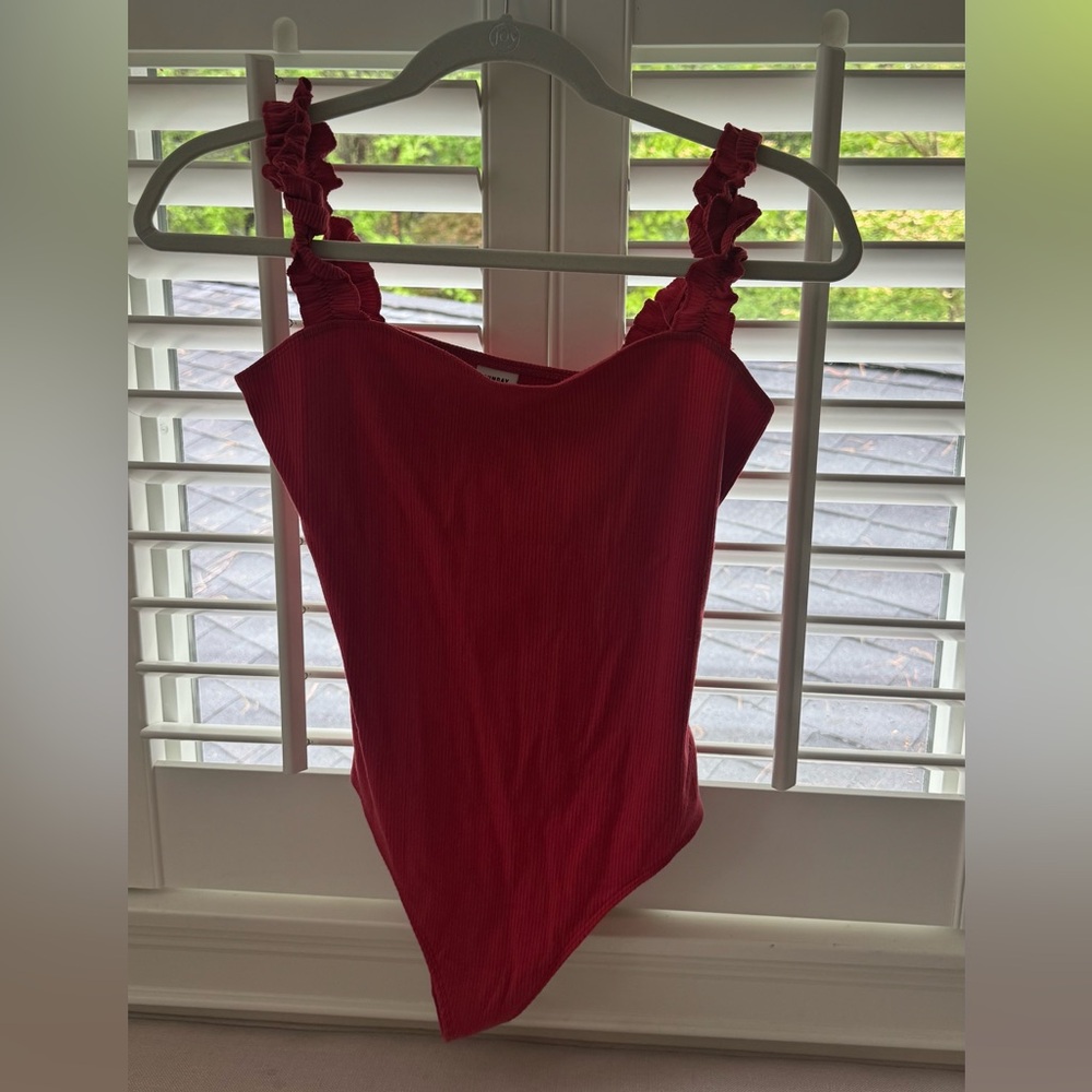 Aritzia Sunday Best Red Ruffled Strap Bodysuit